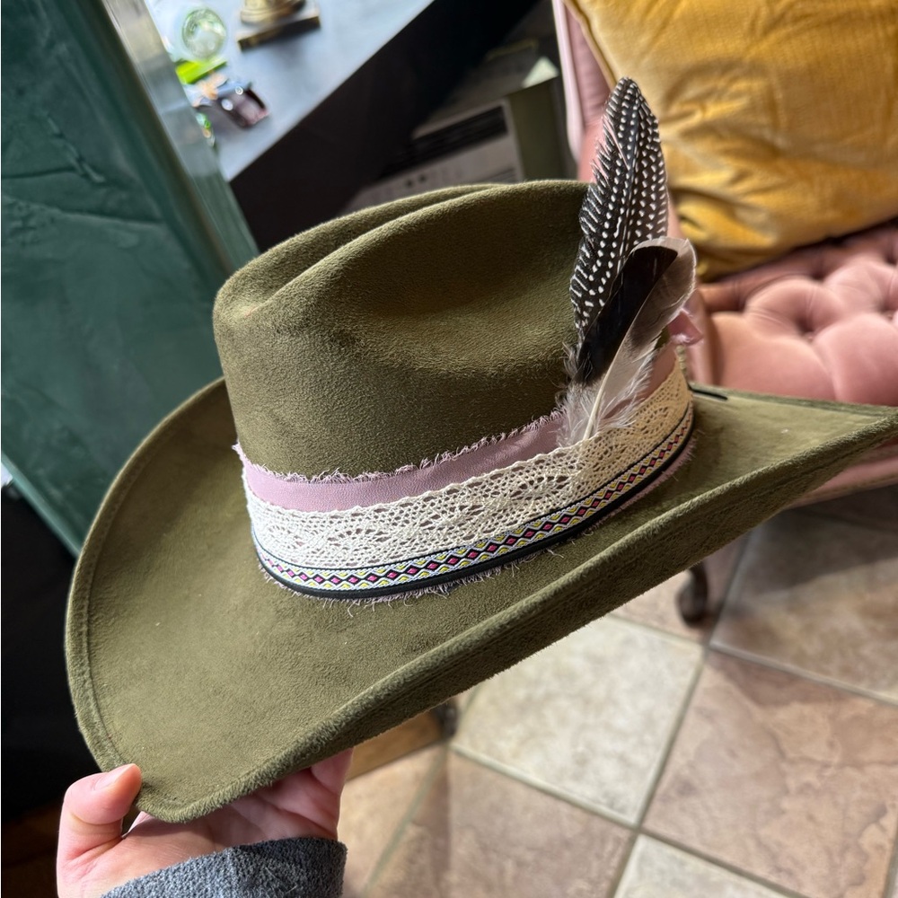 Olive Green Cowboy Hat with Feather and Lace